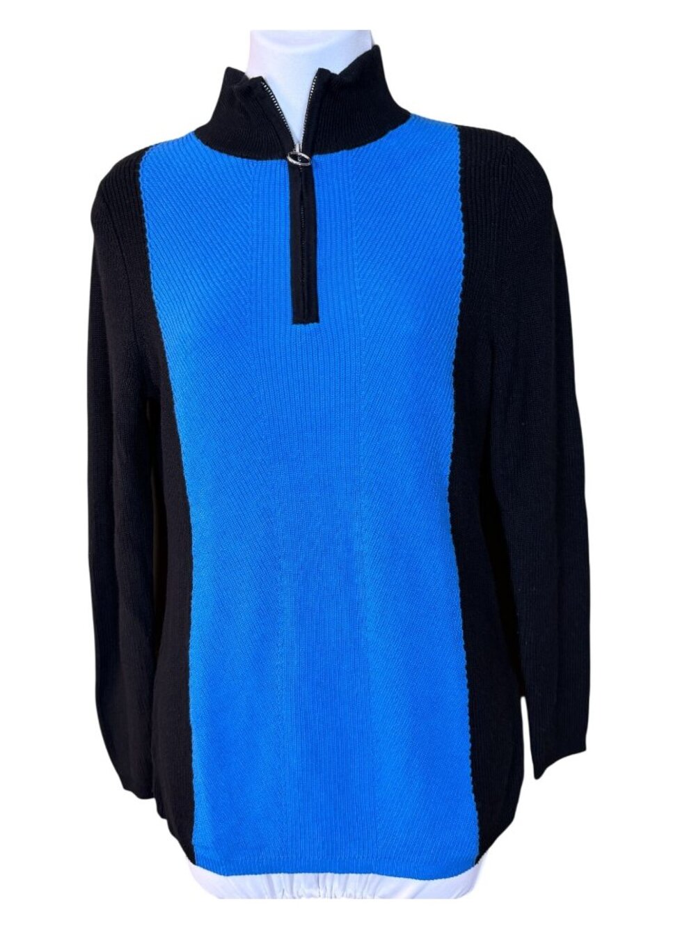 Jones New York Colorblock Black Royal Blue Mock Neck 1/4 Zip LS Sweater S NWT